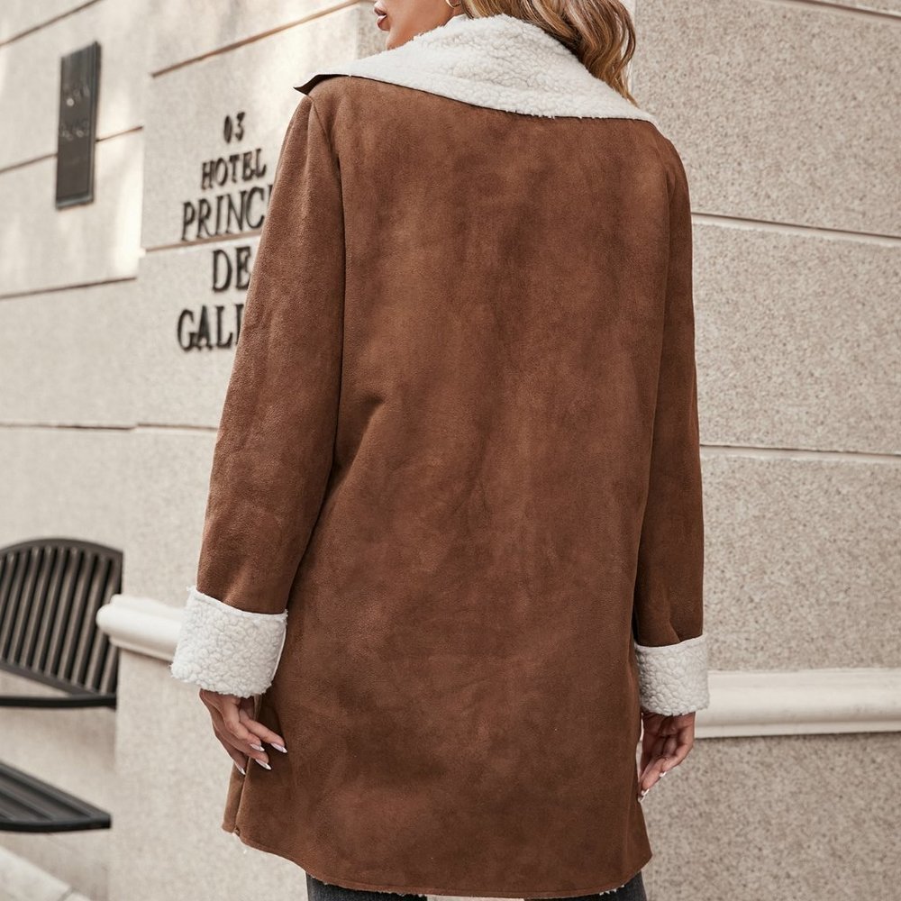 Brown Preppy Womens Lapel Collar Teddy Lined Suedette Coat - Picture 3 of 5